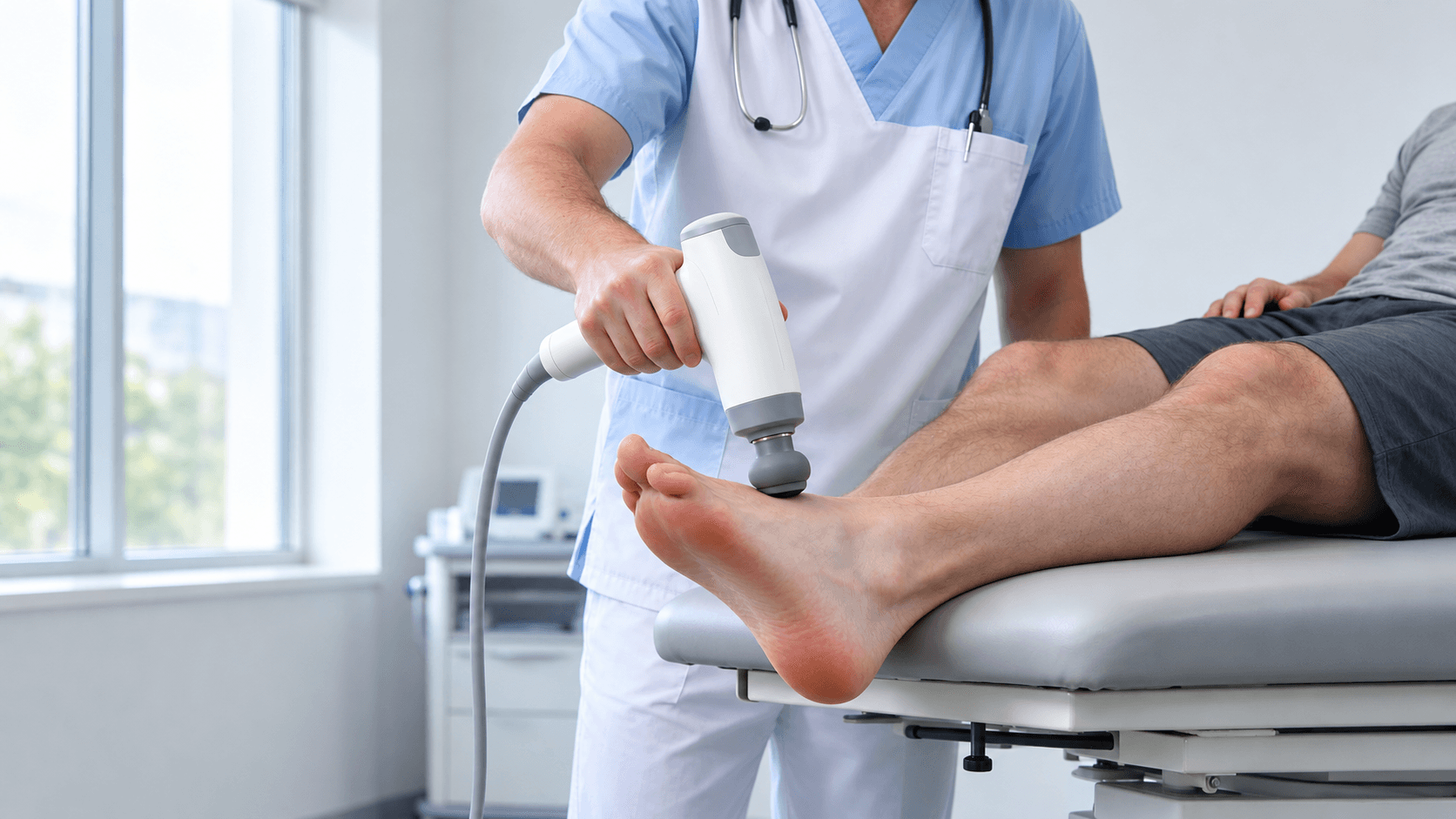 Clinician applying an acoustic-wave handpiece near a patient's foot