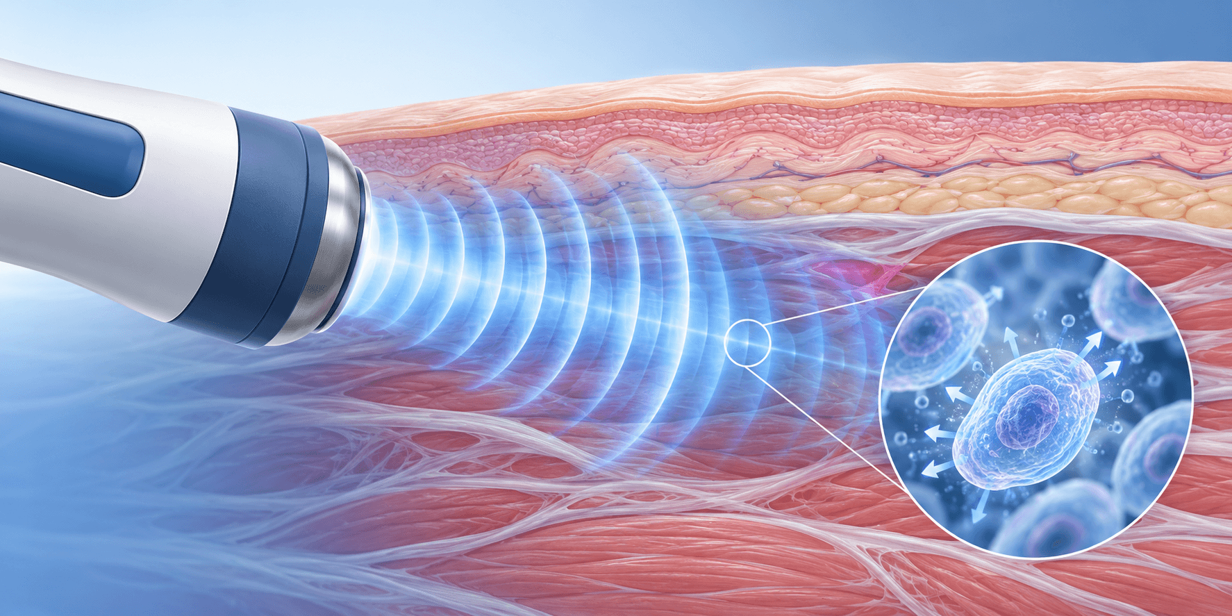 Illustration of an acoustic pulse entering soft tissue and mechanical signaling at the cellular level