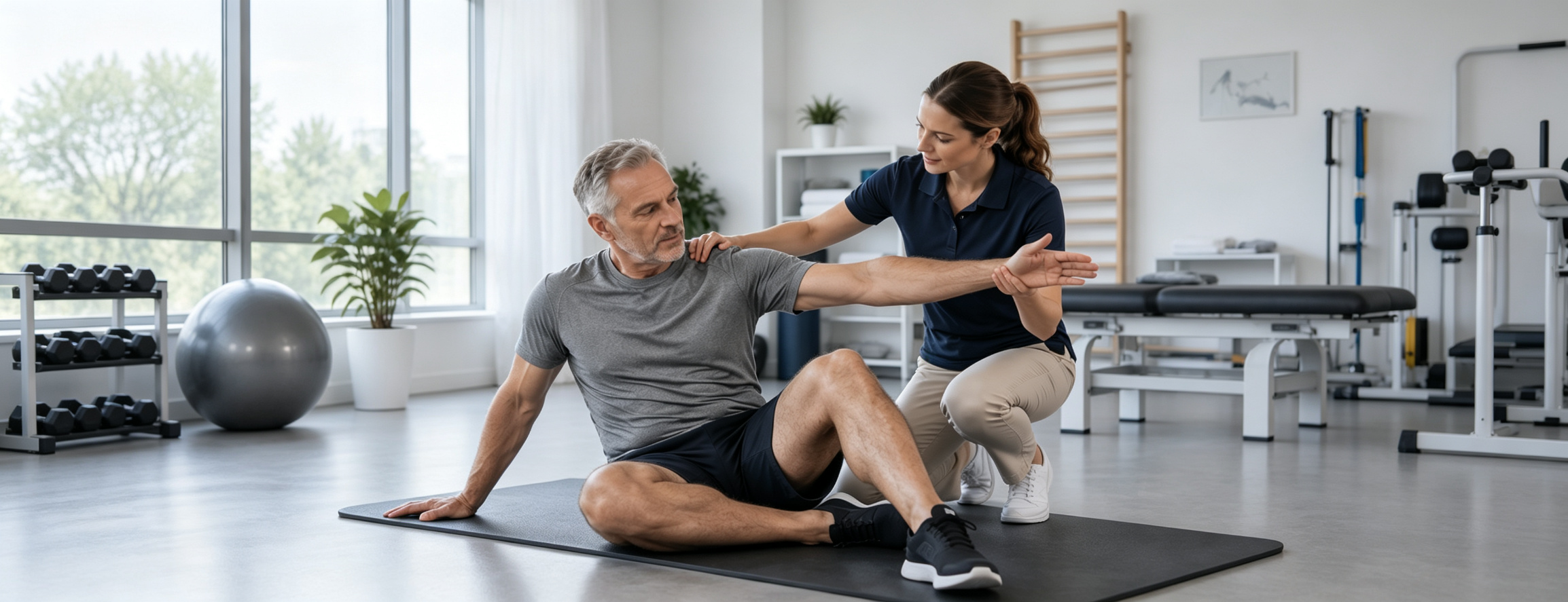 Healthcare professional assisting a patient with rehabilitation exercise
