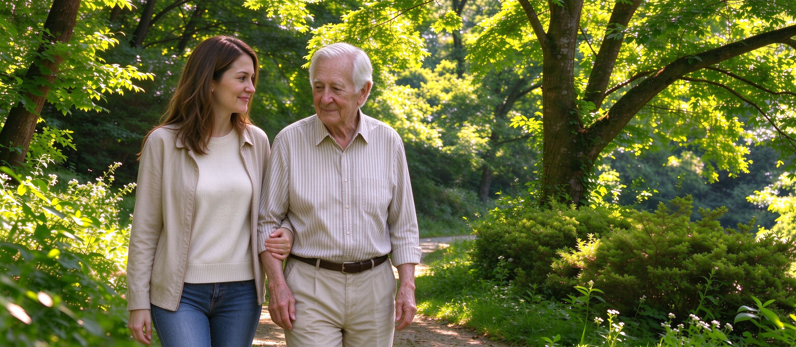 A young woman walking with an older man along a forest path