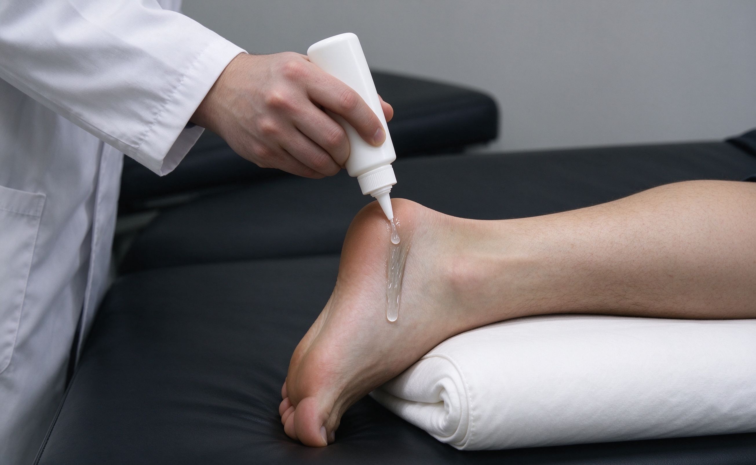 Applying coupling gel to the Achilles tendon area