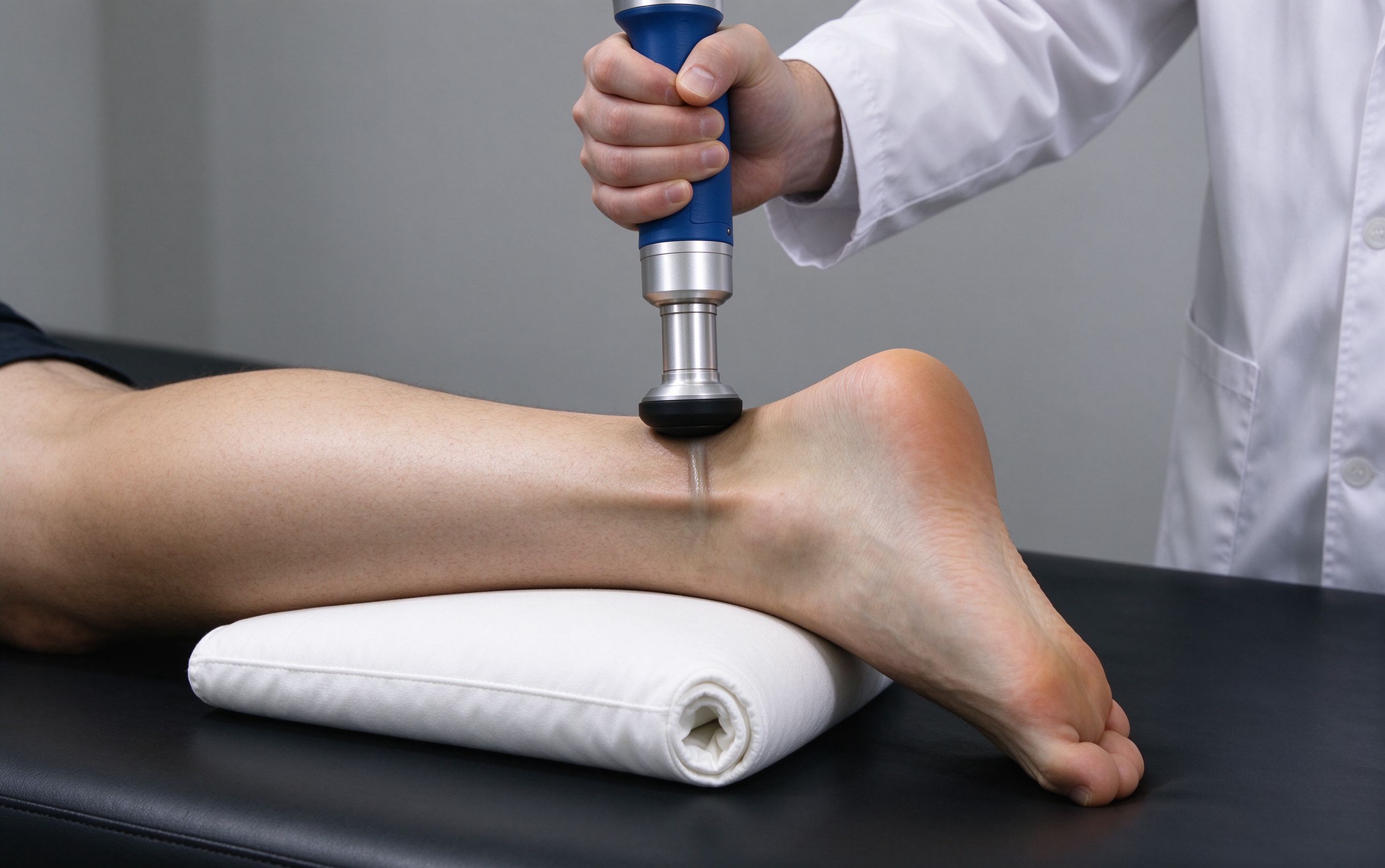 Extracorporeal shock wave therapy being applied to the Achilles tendon