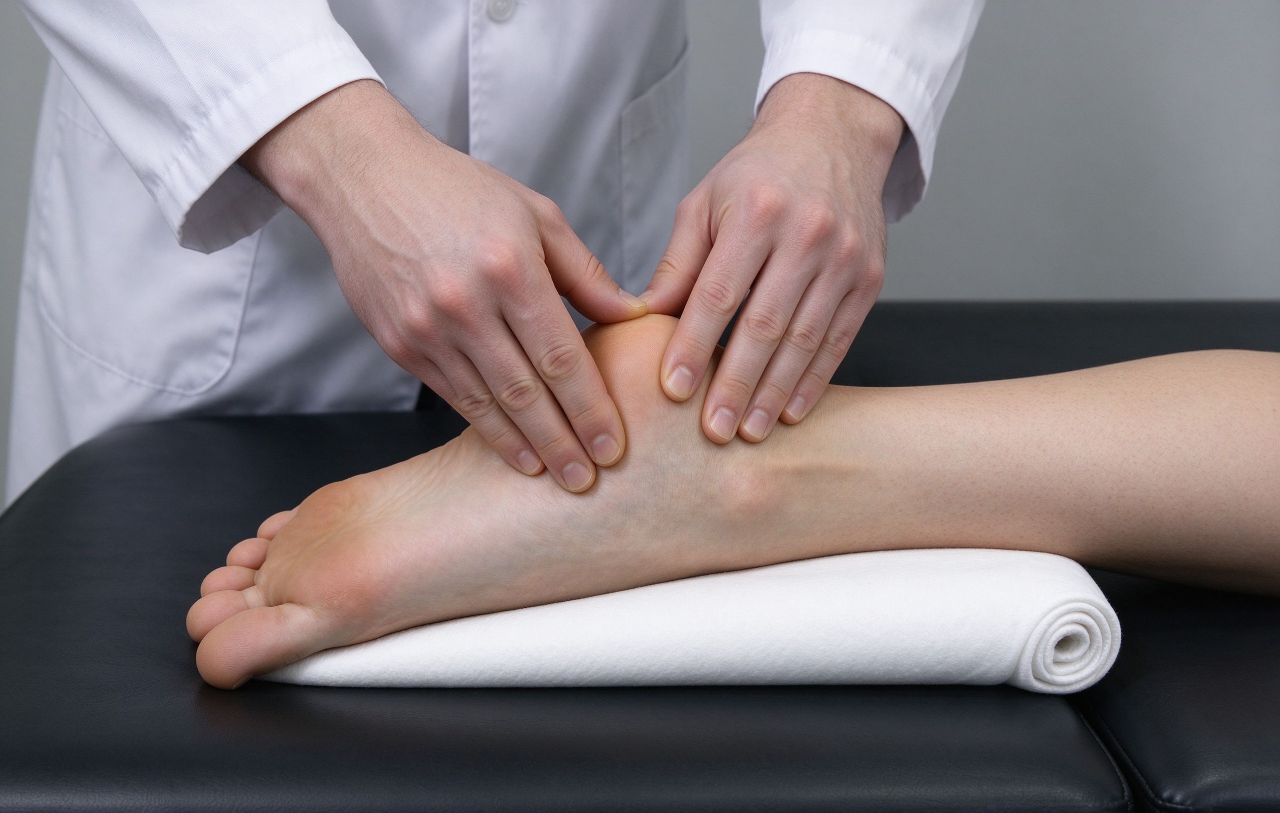 Clinician palpating a patient's Achilles tendon and posterior heel