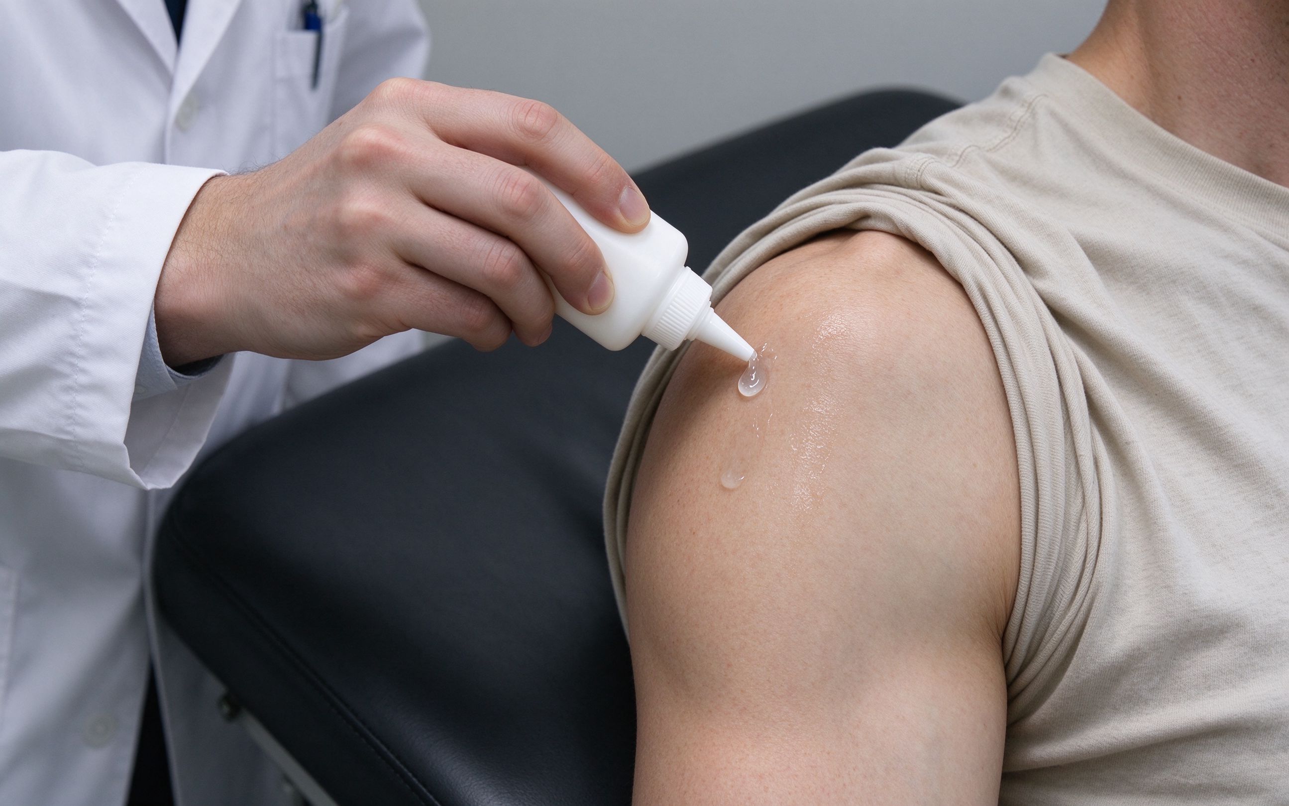 Applying coupling gel to the shoulder area during treatment preparation