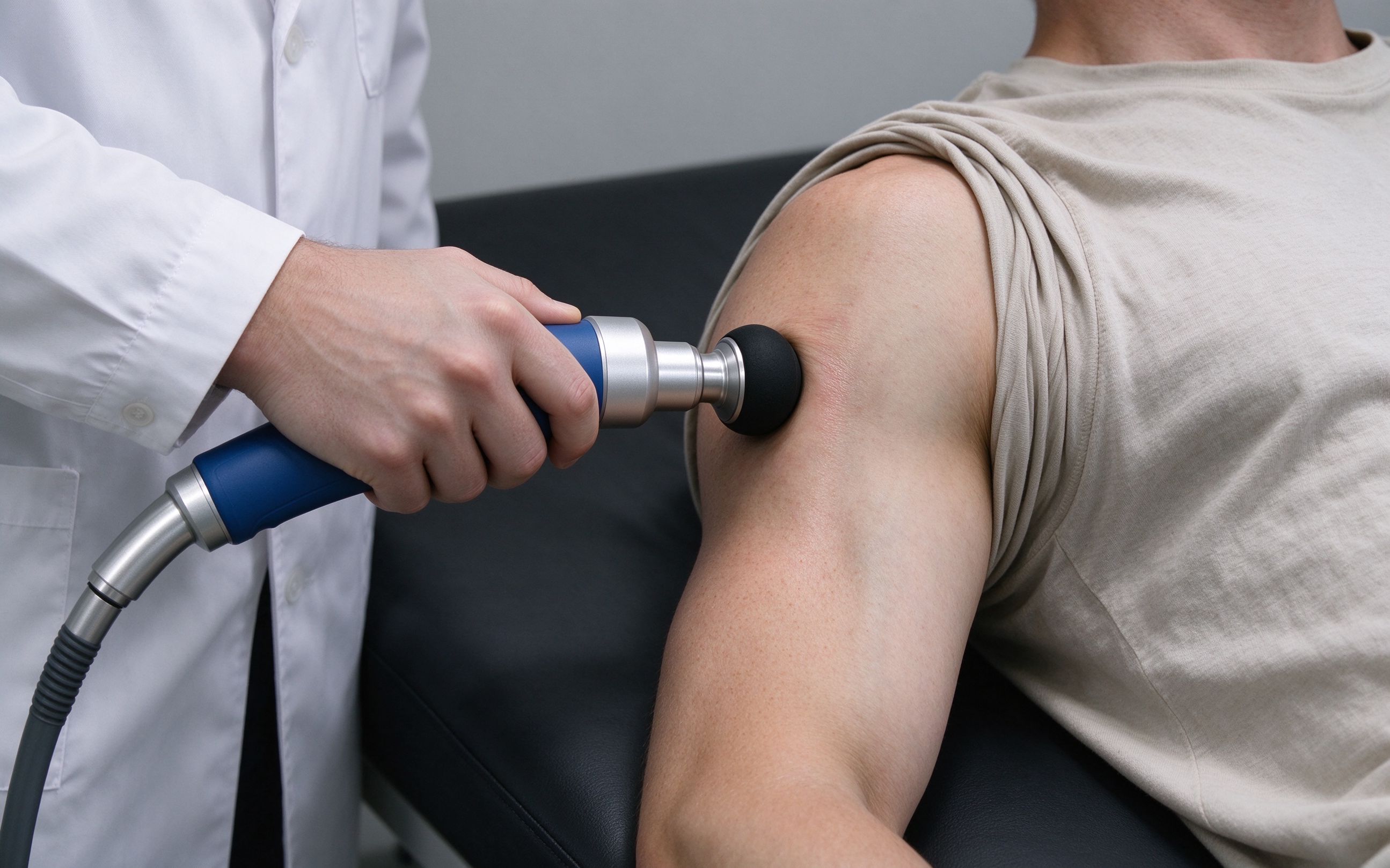 Extracorporeal shock wave therapy being applied to the shoulder tendon