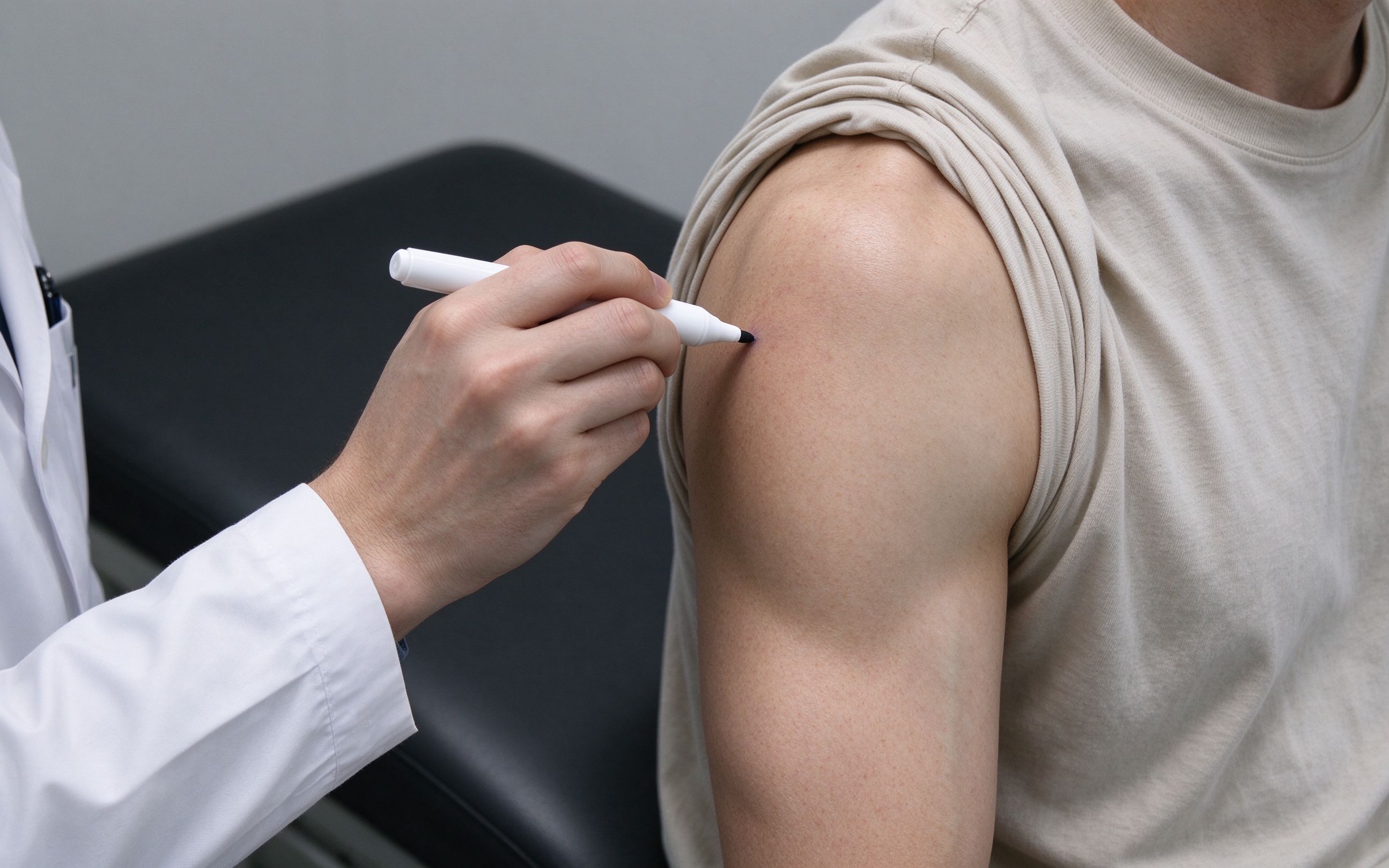 Clinician marking the affected shoulder area during a professional evaluation