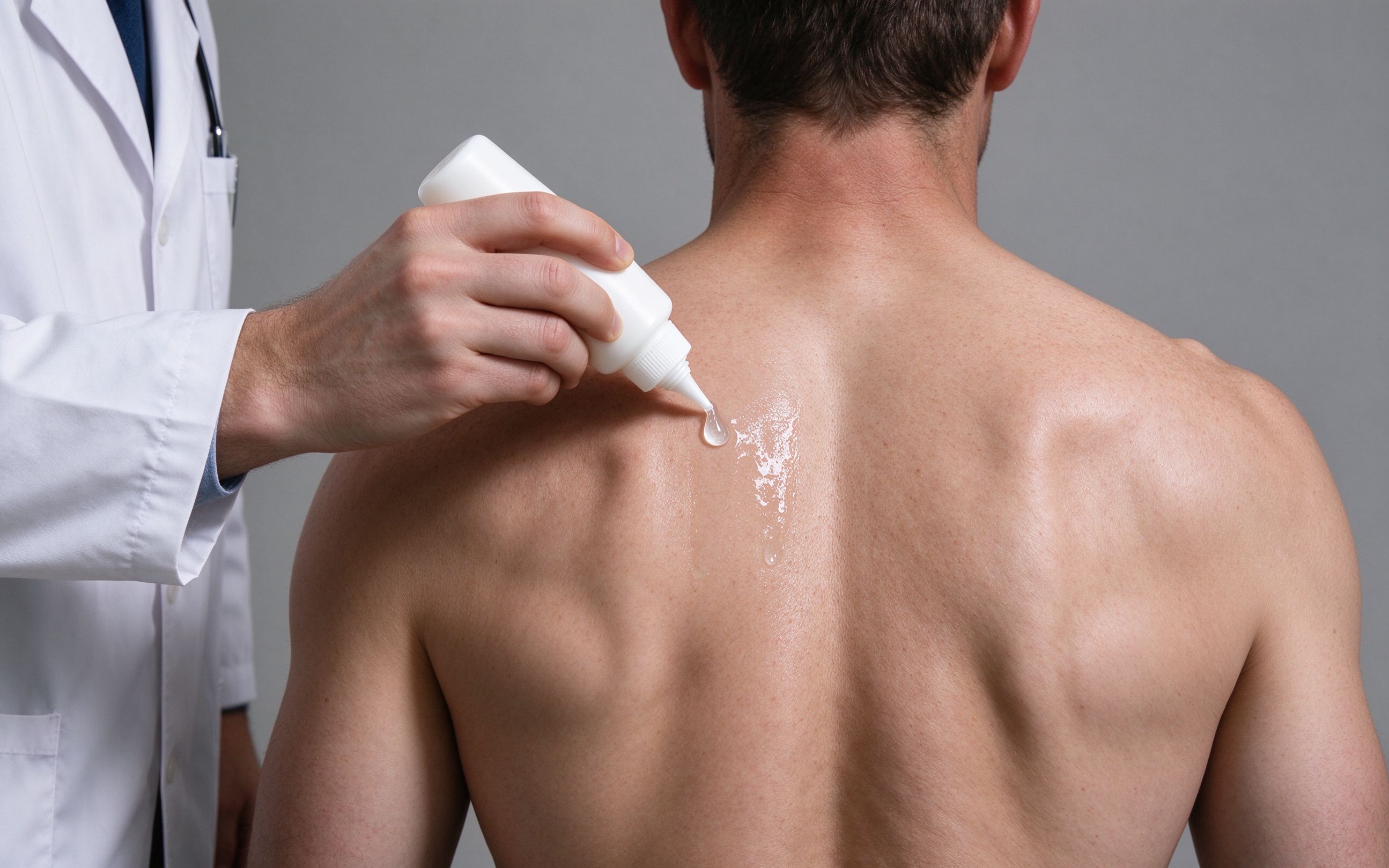 Applying coupling gel to the patient's back during treatment preparation