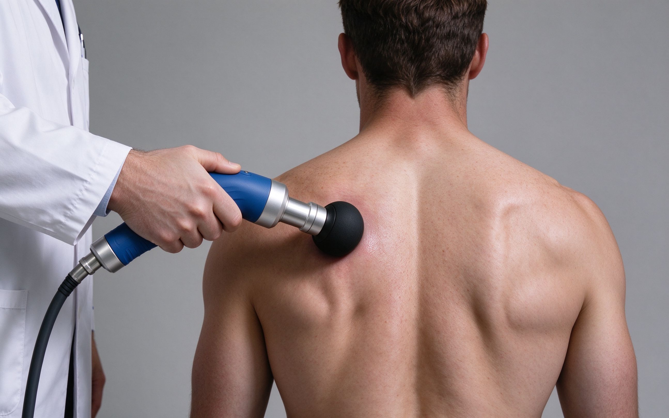 Extracorporeal shock wave therapy being applied to a patient's upper back