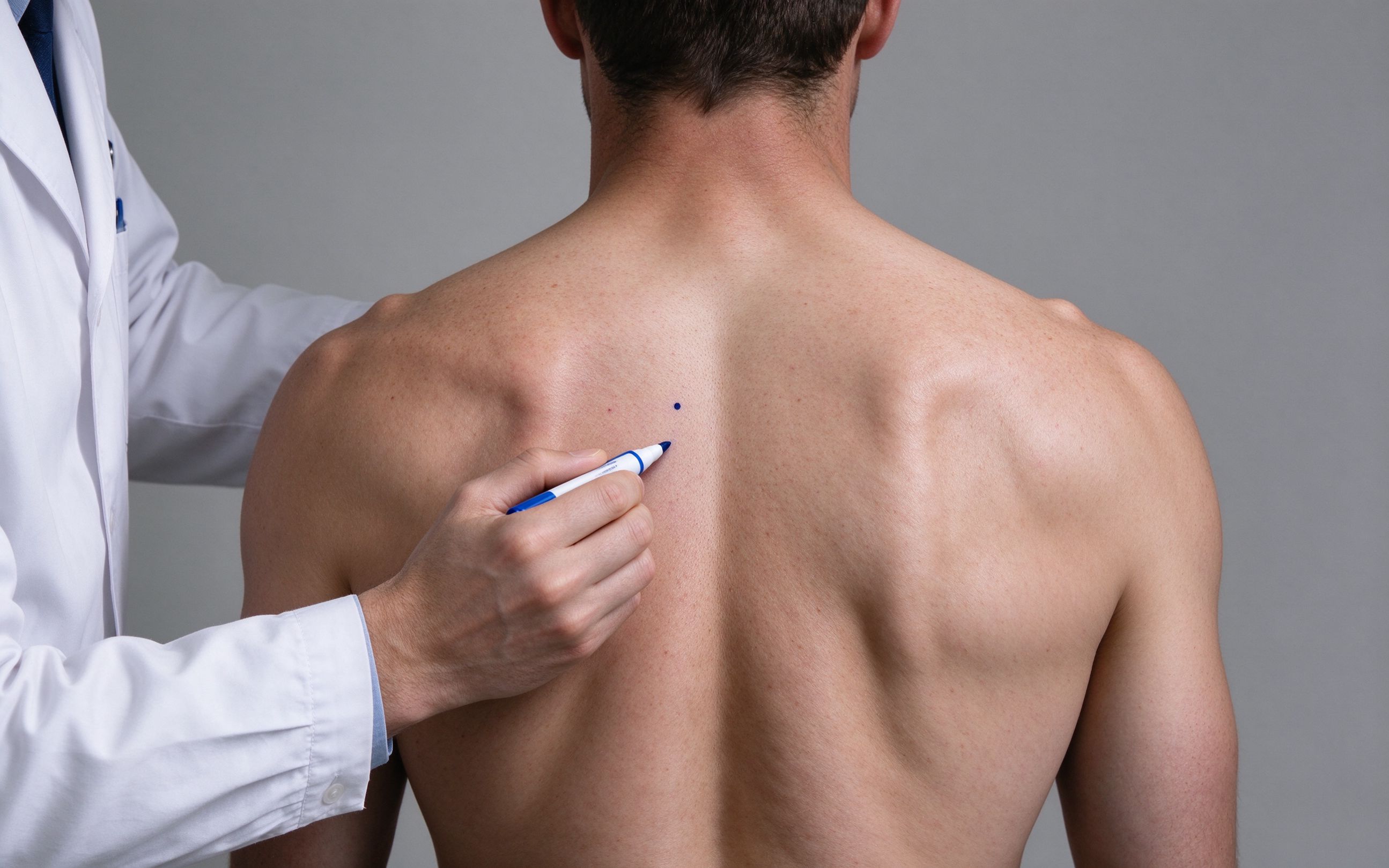Clinician marking the identified tender area on a patient's back during assessment