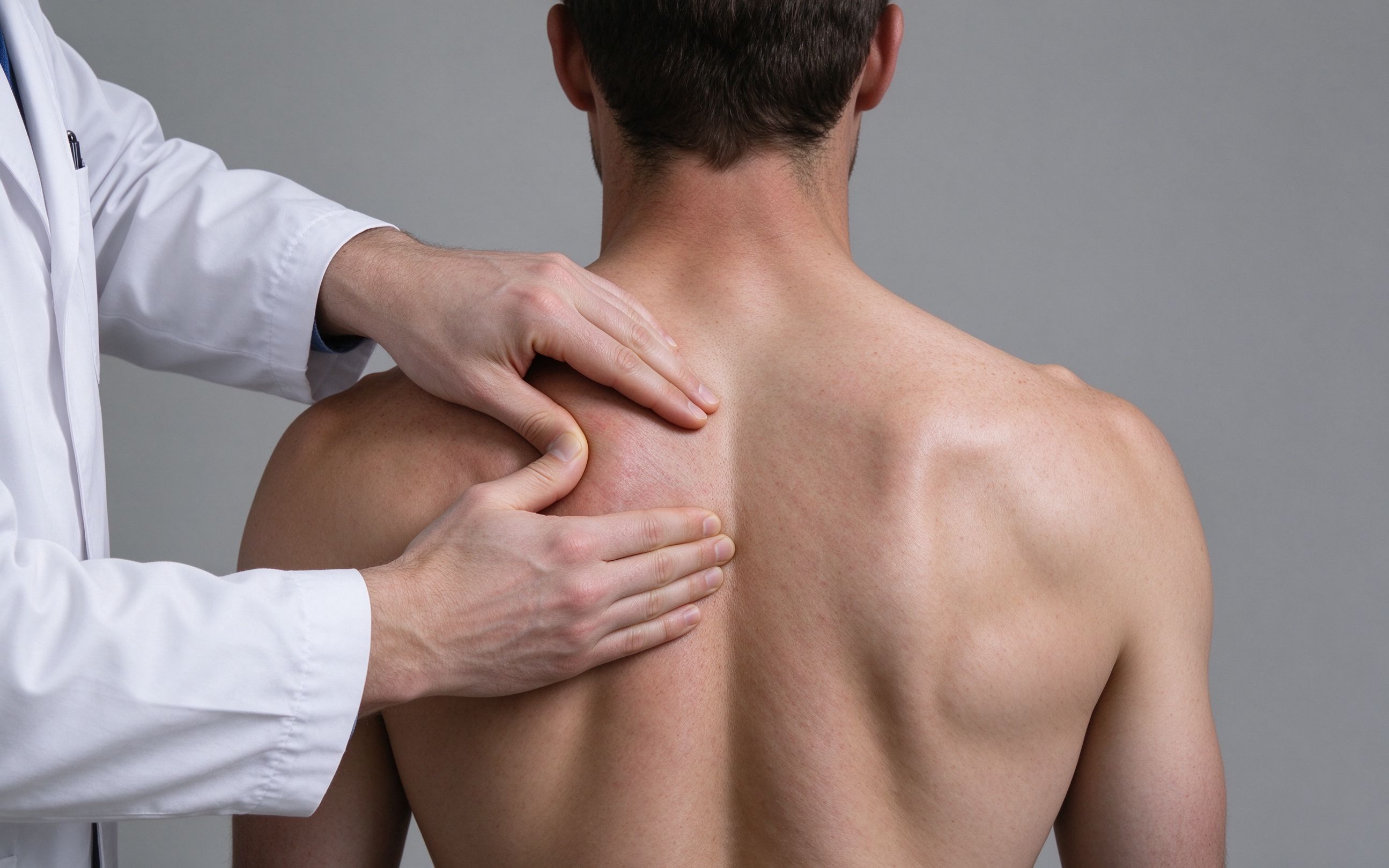 Clinician palpating a patient's upper back to locate tender points within a taut band