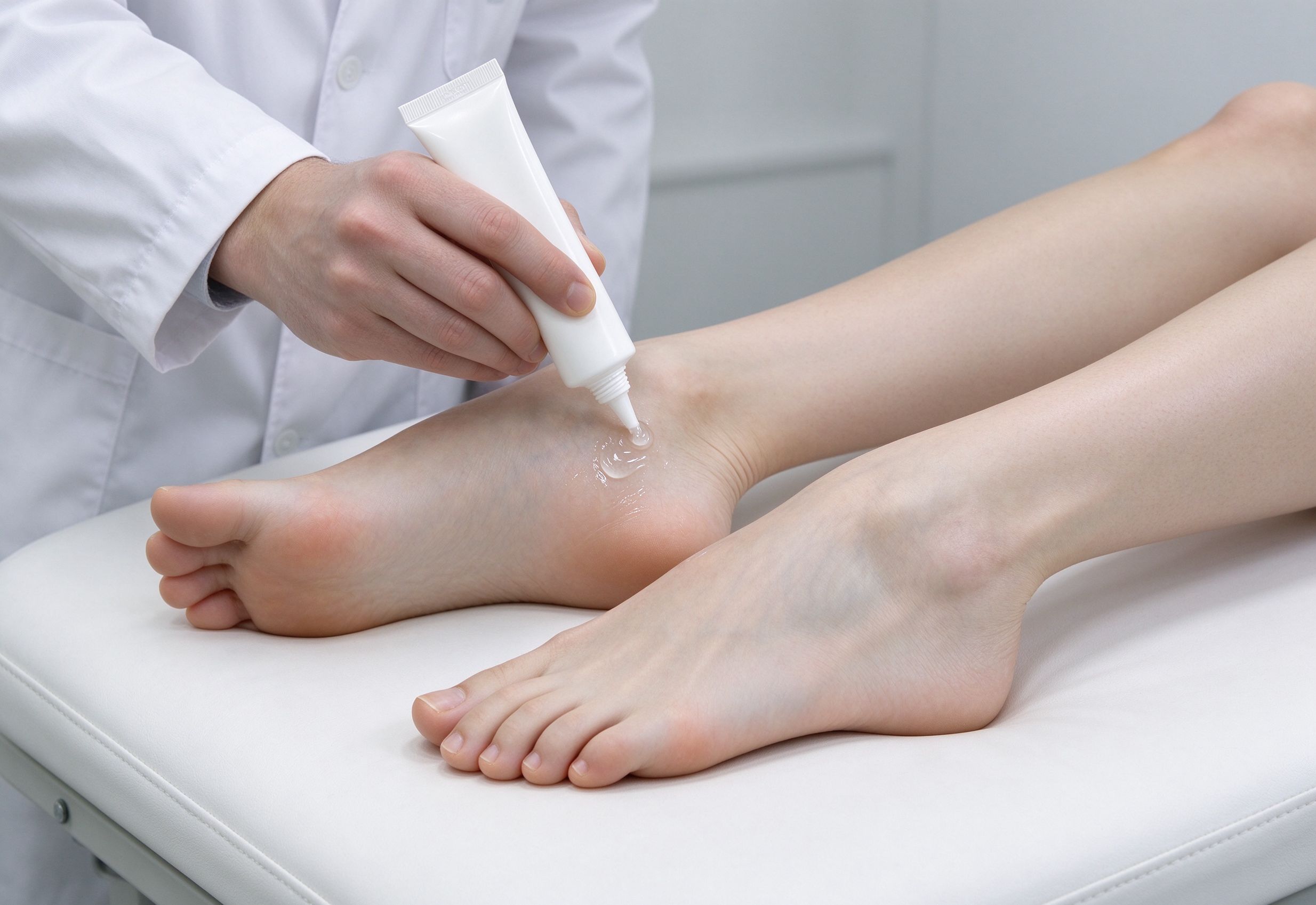 Applying coupling gel to a patient's foot during conservative treatment