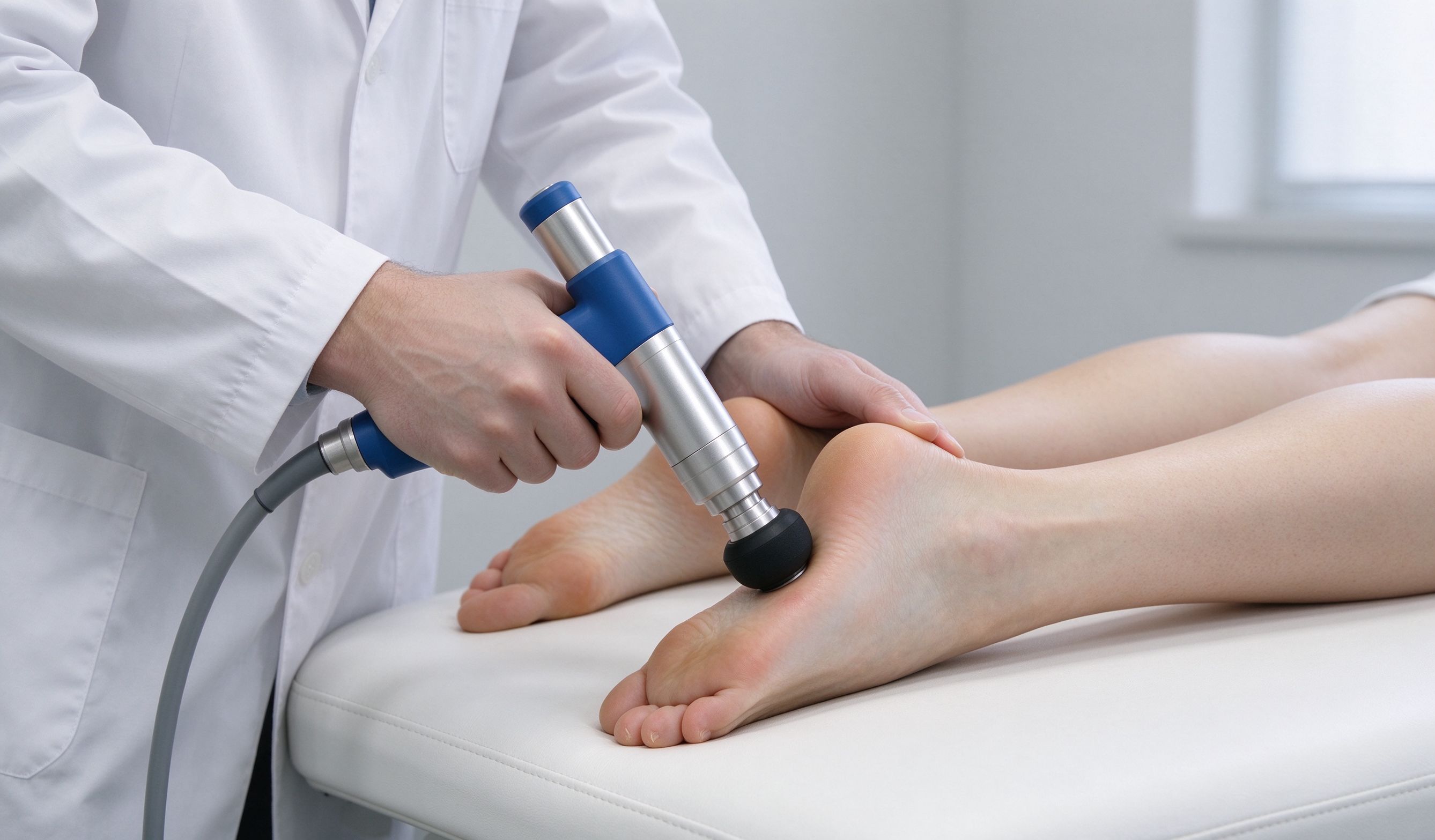 Extracorporeal shock wave therapy being applied to a patient's heel