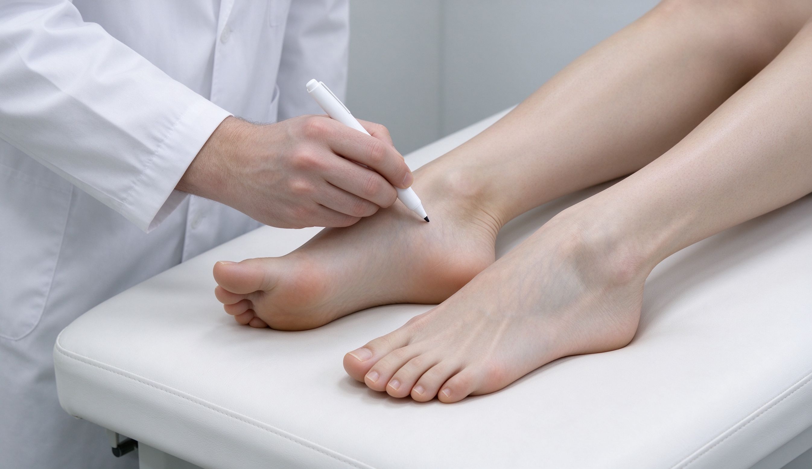 Clinician marking the ankle during a professional foot and ankle evaluation