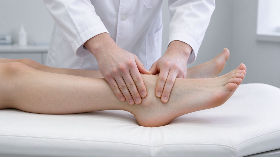Clinician examining a patient's foot and ankle on a treatment table