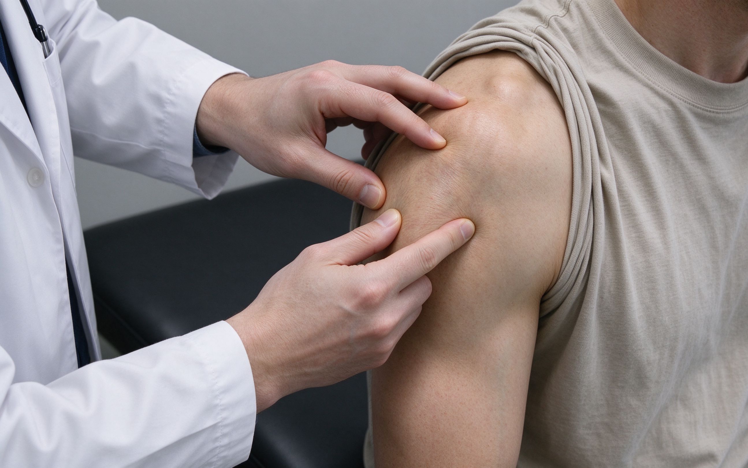 Clinician palpating a patient's shoulder during examination for lateral shoulder pain