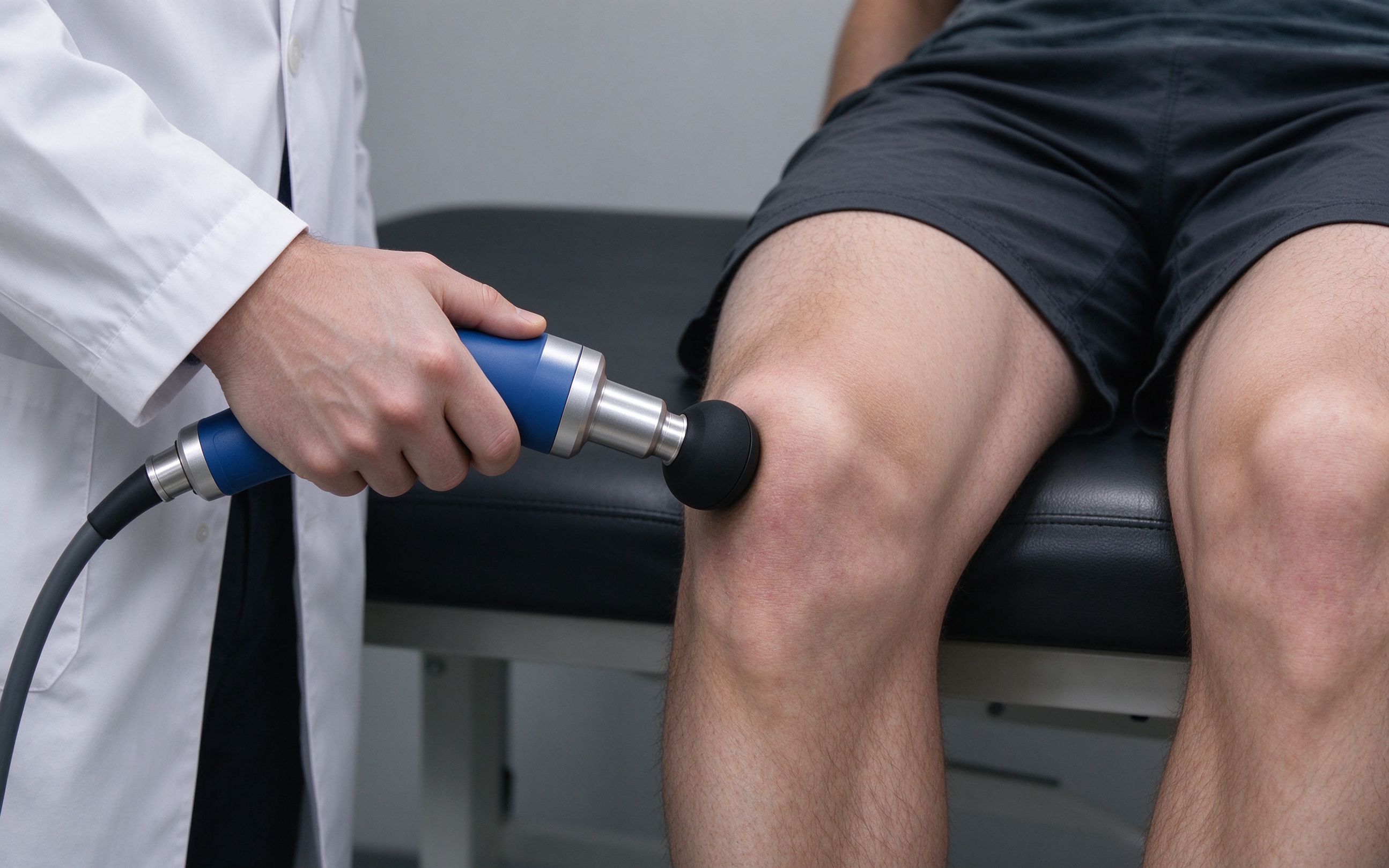 Extracorporeal shock wave therapy being applied to the knee tendon