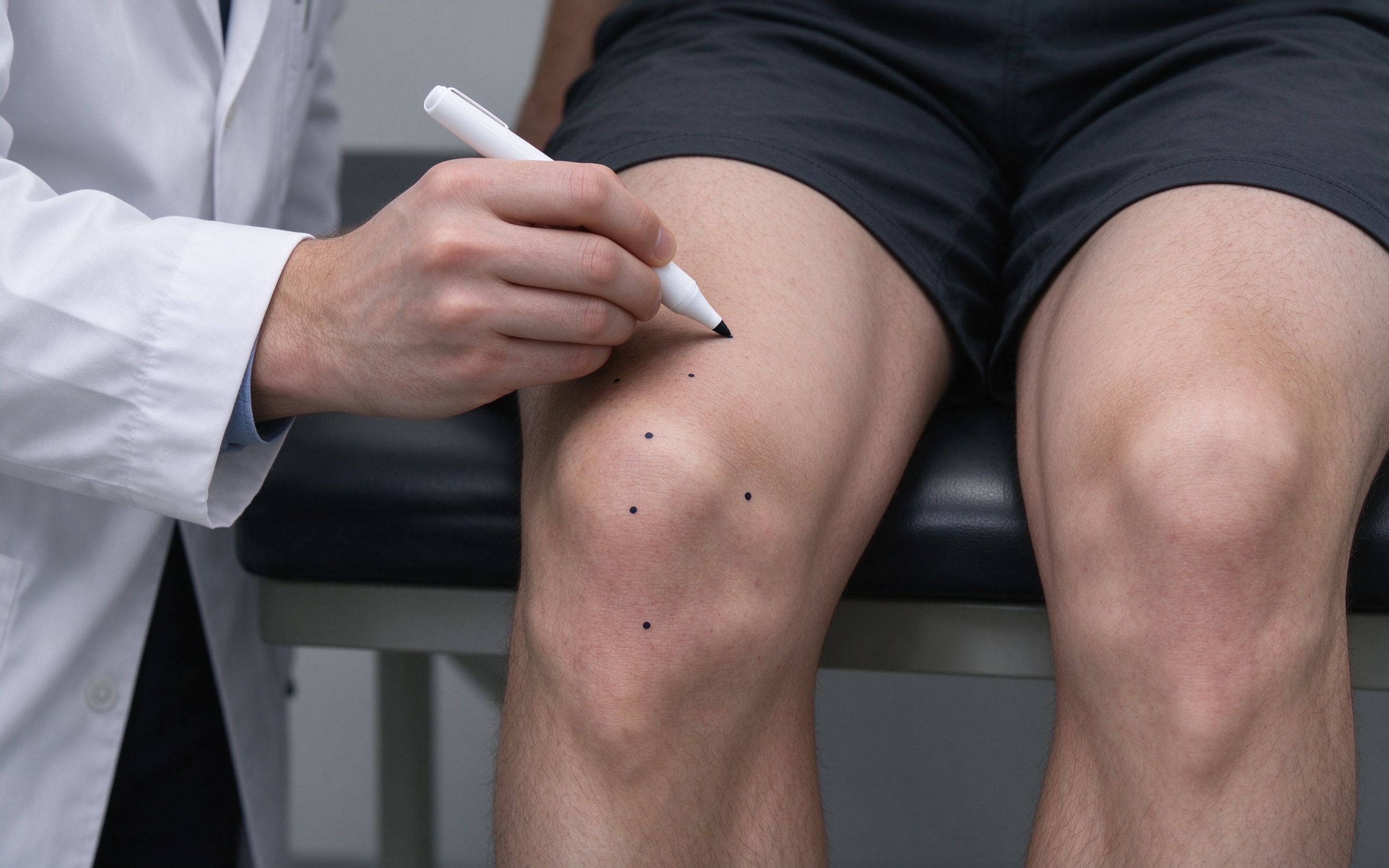 Clinician marking the affected area around the knee during a professional evaluation