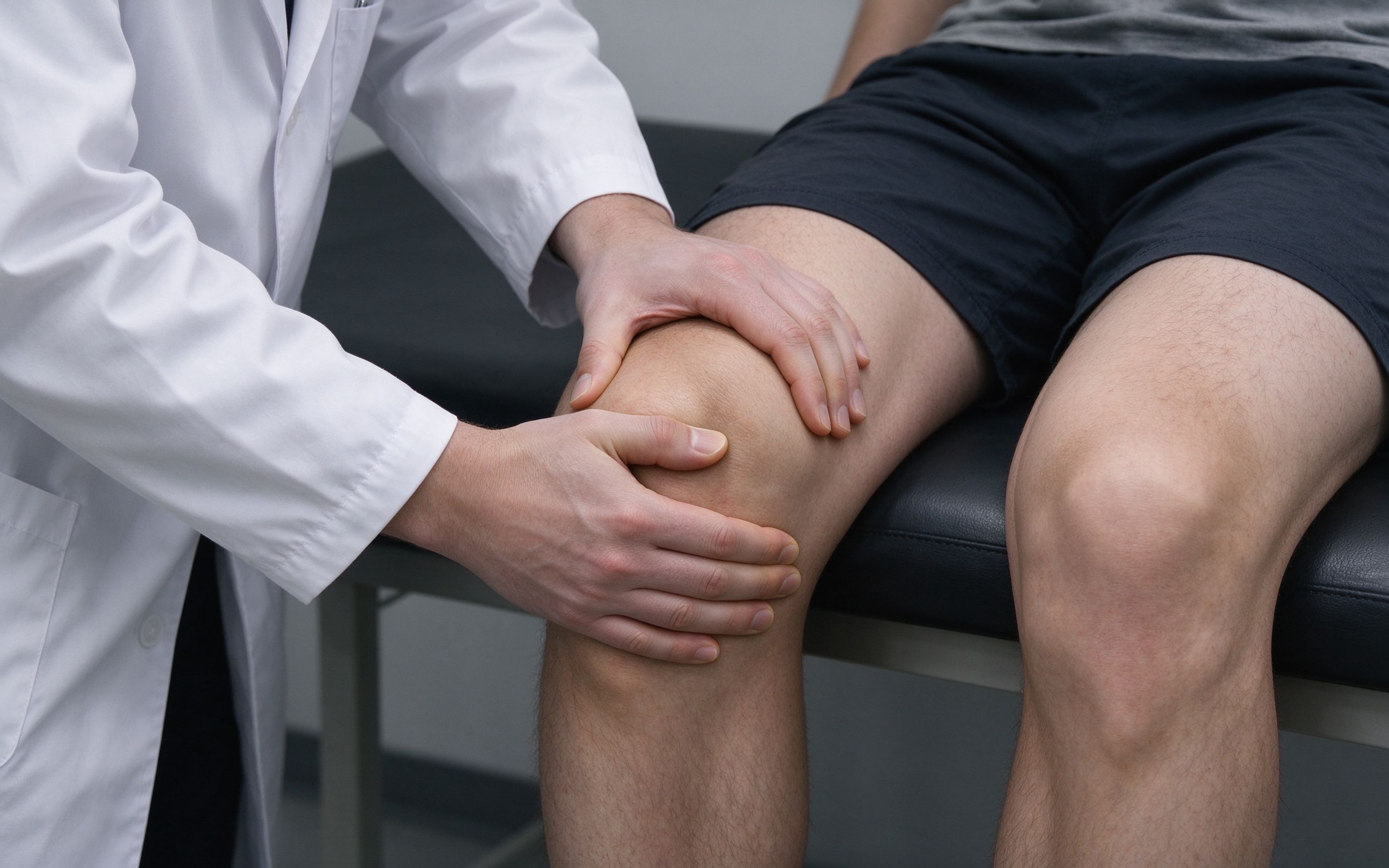 Clinician palpating a patient's knee to localize tendon tenderness