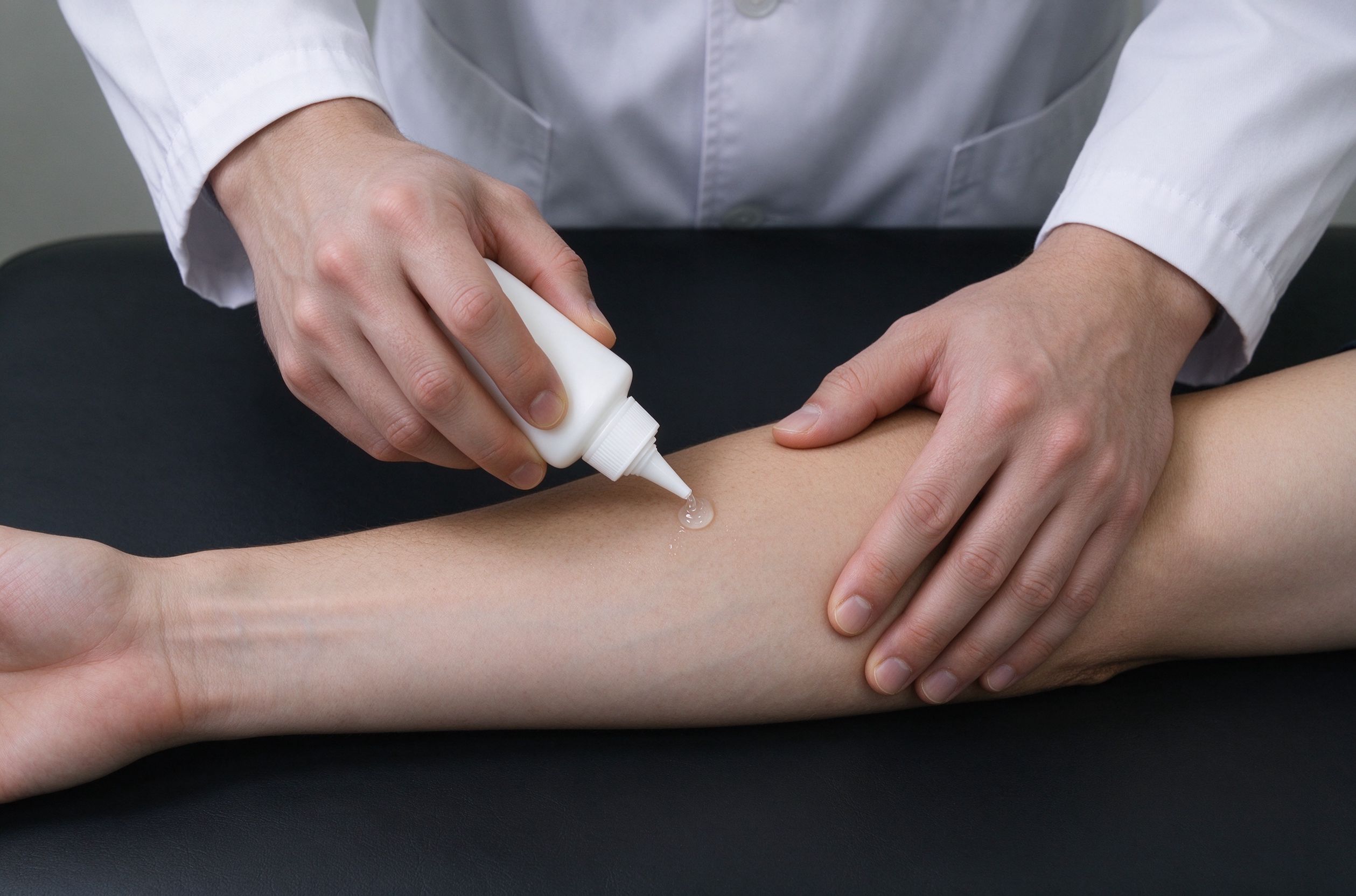 Applying coupling gel to the forearm during conservative treatment