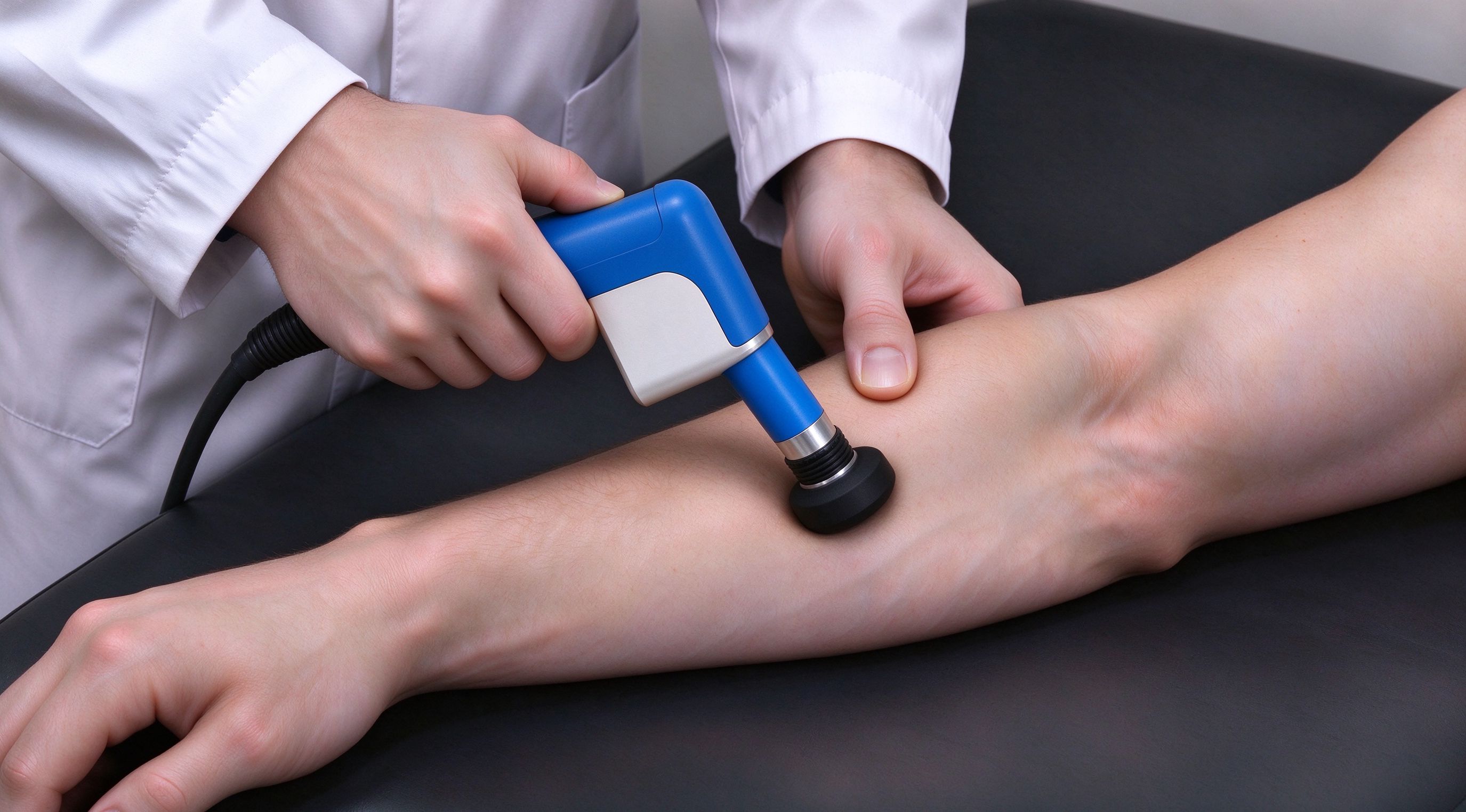 Extracorporeal shock wave therapy being applied to the lateral elbow