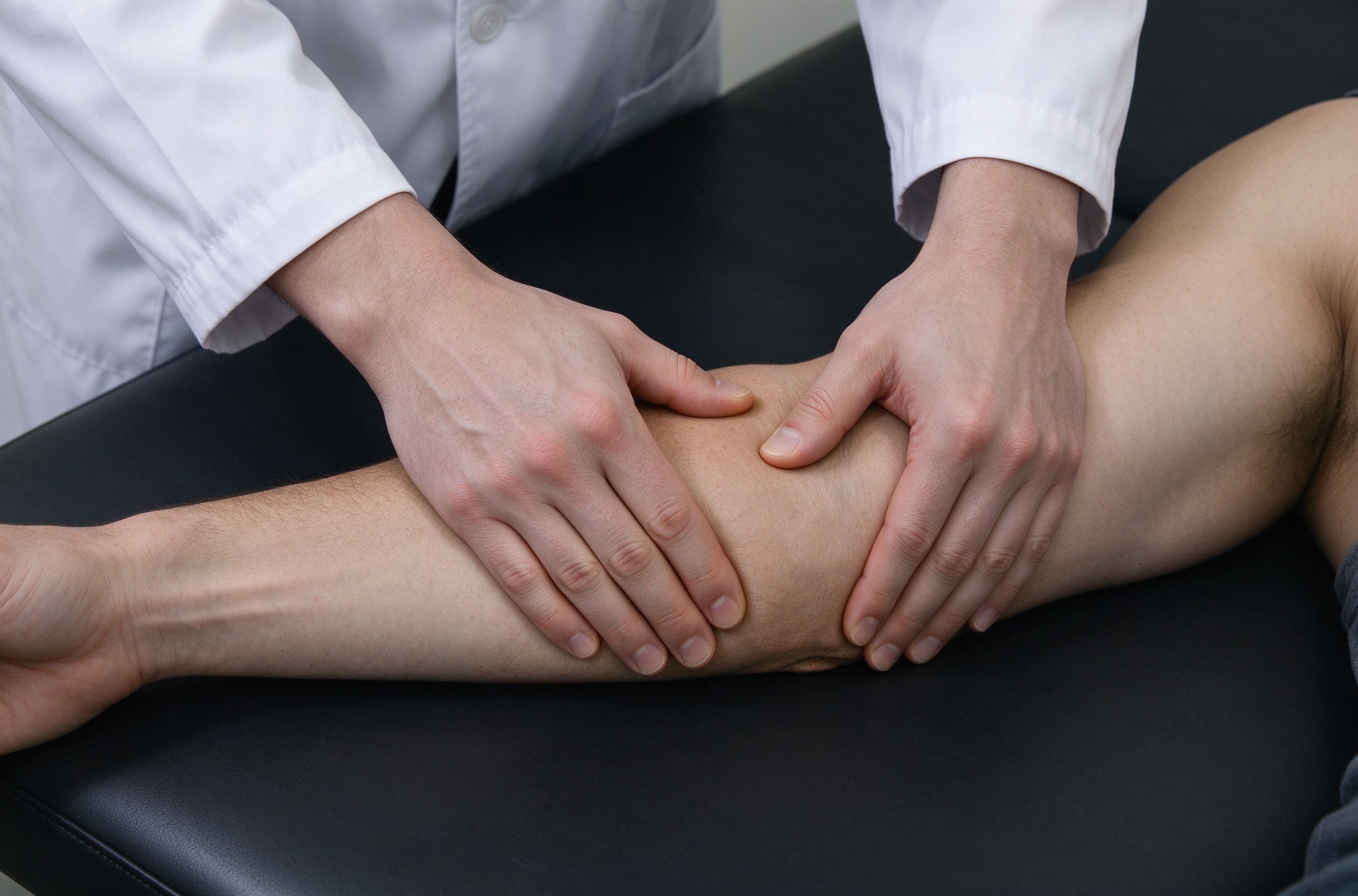 Clinician palpating the lateral epicondyle of a patient's elbow